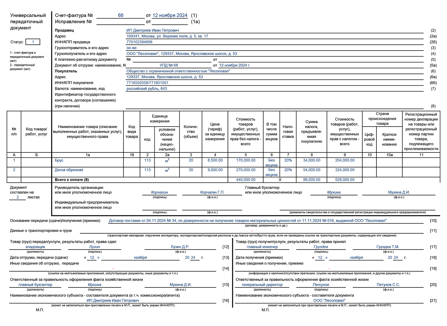 Шаблон УПД (Универсальный передаточный документ) для компании